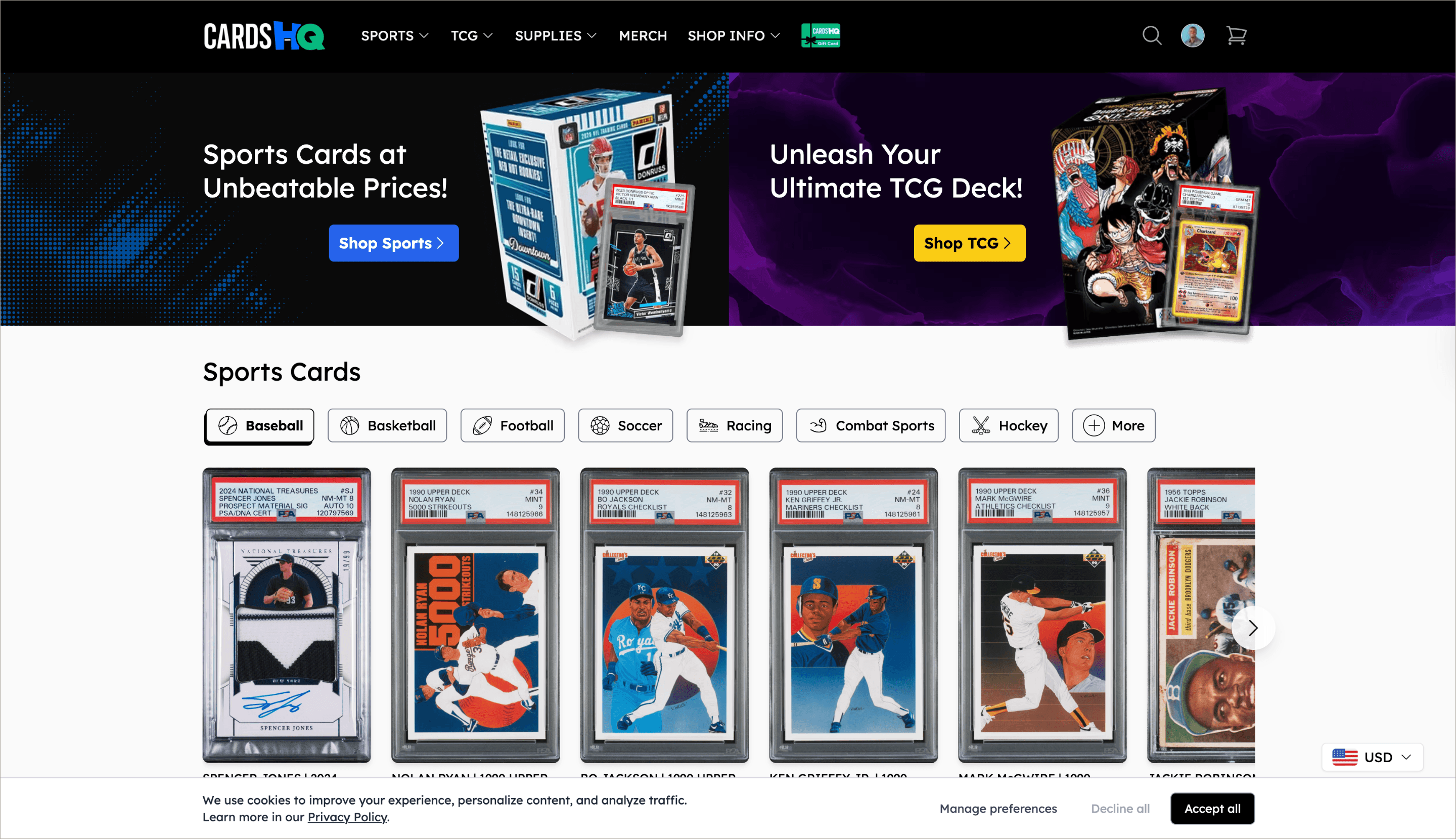 CardsHQ storefront homepage